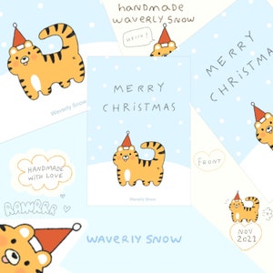 Handgemaakte kerstkaart. Leuke tijger vrolijke kerstkaart. Kleine vakantiekaart.