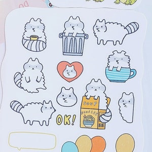 Maxine the raccoon. Cute sticker sheet. Little raccoon sticker sheet. Waterproof transparent / matte white stickers.