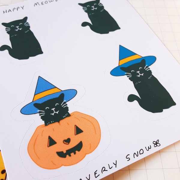 Cute lunita the cat, halloween sticker sheet. Cute cat stickers. Handmade sticker sheet. Waterproof transparent / matte white stickers.