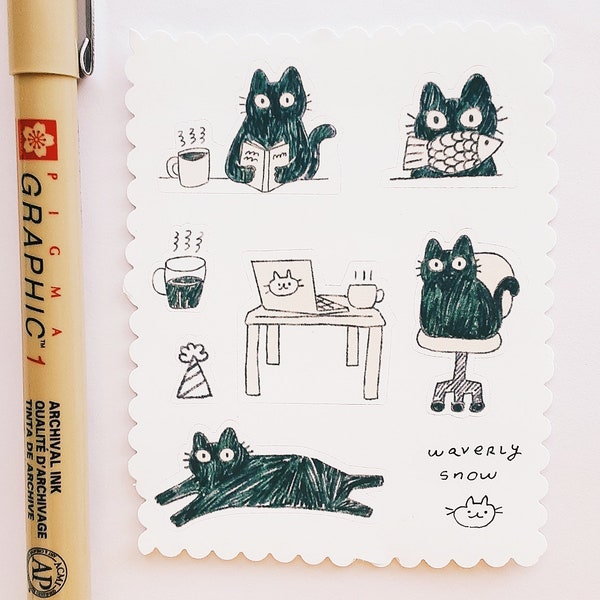 Stickers Lunita the cat. Handmade. Cute Cat Stickers. Small Stickers. Daily Sticker Sheet.