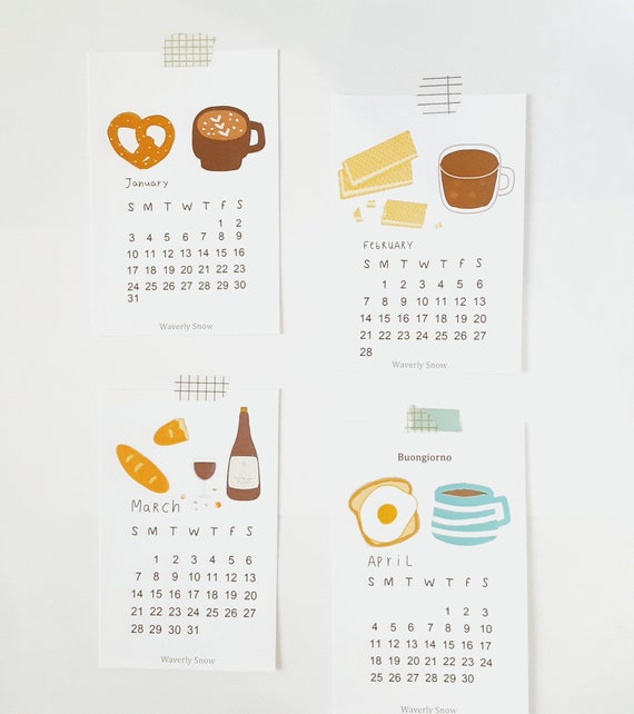 Food Illustration Mini Calendar: Handmade Light Cardstock Monthly Calendar