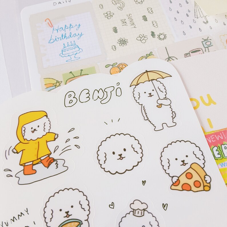 Benji Stickers version 1. Waterproof / matte white / transparent stickers. Cute handmade bichon dog stickers. image 3