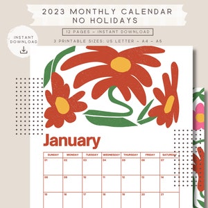 2023 Monatskalender illustrierte Blumen druckbare Kalendervorlage, keine Feiertage, Hochformat, Jahreskalender, Boho Kalender, A4/Letter