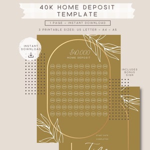 40K Depósito residencial Poupança PDF Modelo para impressão Adiantamento EUA Carta Tamanho A4 A5 Minimalista Boho Modern Chic Poupança Desafio Dívida Livre