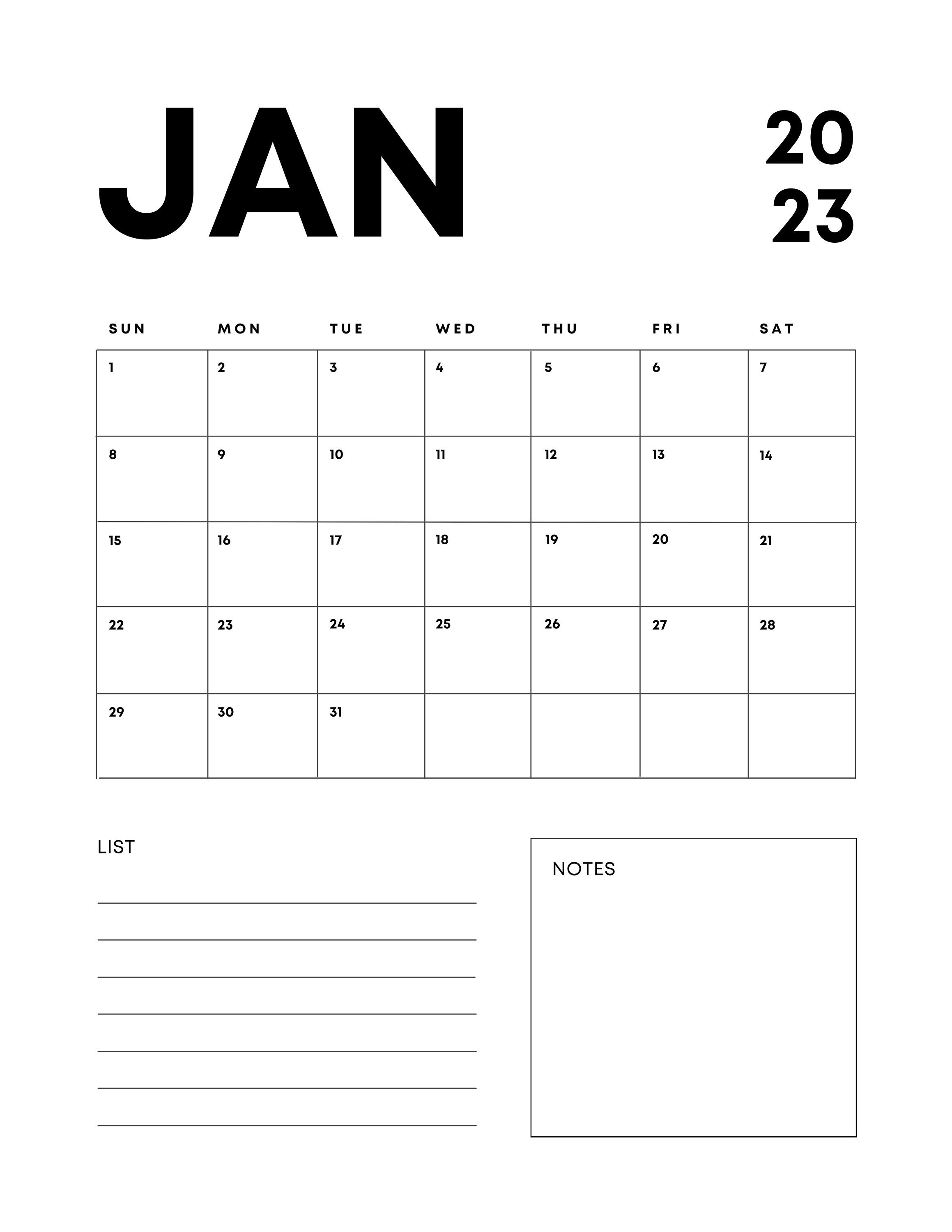 2023 Monthly Calendar Printable Calendar Template No Holidays 2023 Monthly Calendar Printable Calendar Template No Holidays