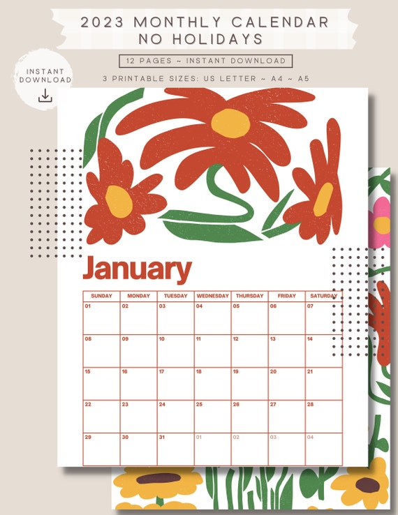 2023 Monthly Calendar Illustrated Flowers Printable Calendar Template, No  Holidays, Portrait, Year Calendar, Boho Calendar, A4/letter - Etsy