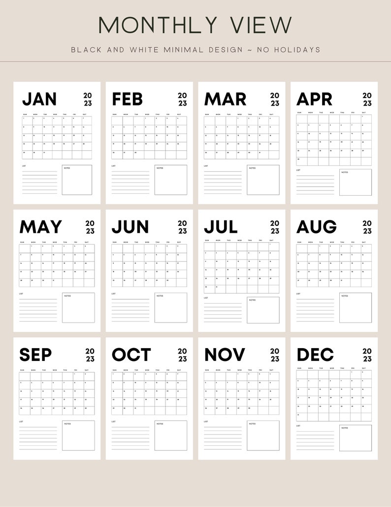 2023 Monthly Calendar Printable Calendar Template, No Holidays