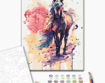 Rainbow Horse Paint by Number Kit with Frame – Minimalist Fantasy Animal DIY Canvas Painting for Adults