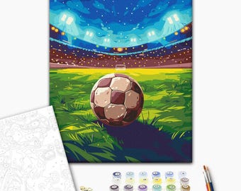 Football Paint by Number Kit – Soccer Ball on Green Field Stadium Wall Art – DIY Framed Canvas for Fans & Sports Lovers