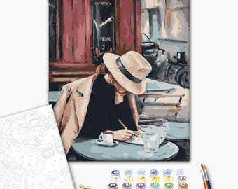 Elegant Woman Paint by Numbers Kit for Adults with Frame – Vintage Coffee Shop Artwork