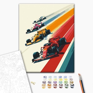 Op de afbeelding: Een schilder-op-nummer-set met een kleurrijke illustratie van Formule 1-raceauto's. Het kunstwerk toont vijf auto's in actie, met rode, gele, roze en witte voertuigen die racen op een baan met rode, oranje en blauwe strepen. Verfpotten en penselen zijn ook zichtbaar.