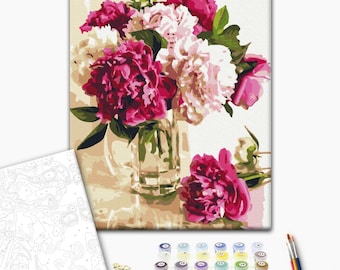 Peonies Paint by Numbers Kit for Adults | Framed Floral Canvas | Elegant Flower Painting Gif