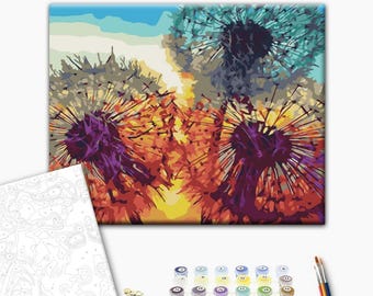 Dandelion Paint by Numbers Kit for Adults, Neutral Floral Canvas Art, Boho Wildflower DIY Painting, Botanical Wall Decor, Framed Paint Kit