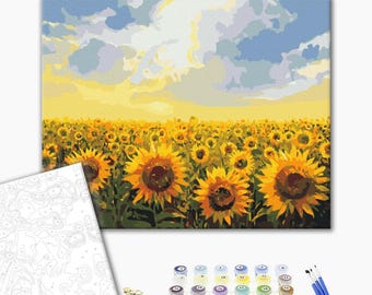 Sunflower Field Paint by Numbers Kit for Adult, Framed Canvas Landscape