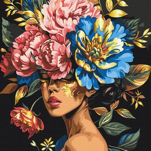 Paint by Number Kit Human Woman Flower, Paint by numbers kit With FRAME, Painting by number Peony woman Head with flowers wall art