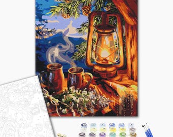 Cozy Night Paint by Number Kit with Frame – Glowing Lantern and Coffee Scene, Canvas Painting for Adults