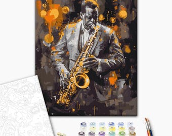 Puede incluir: Un kit de pintura por números con un músico de jazz tocando el saxofón. La obra de arte representa a un hombre con traje, tocando un saxofón dorado sobre un fondo oscuro con acentos naranjas. El kit incluye botes de pintura, pinceles y un lienzo numerado.