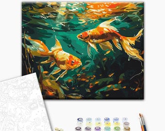 Paint by Numbers Kit Two Golden Fish in Ocean for Adults, Coastal Sea Life Wall Art