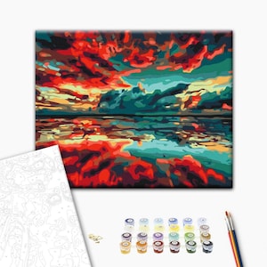 Quadro con paesaggio marino e riflessi sull'oceano, dipinto con i numeri per adulti, incorniciato.