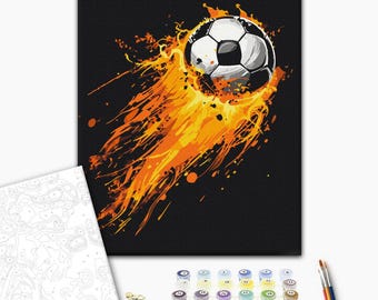 Fire Soccer Ball Paint by Numbers Kit for Adults, Flaming Football Canvas Painting, Sports