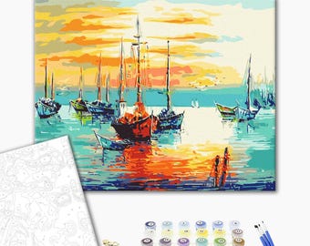 Ship Paint by Number Kit: Ocean Sunrise Painting Framed extra large size