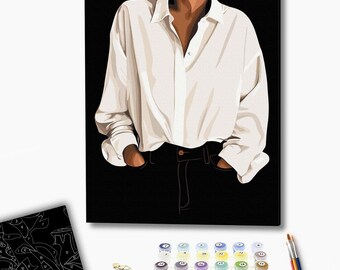 Paint by Numbers Kit – Modern Woman Silhouette in White Shirt, Black Minimalist Fashion Wall Art