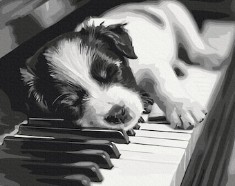 Sleeping Puppy Paint by Numbers Kit: DIY Black and White Animal Art