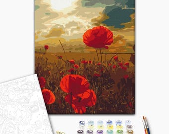 Poppies Paint by Number Framed Kit for Adult: DIY Framed Canvas Art Red Flowers