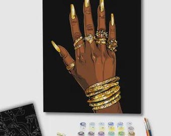 Paint by Numbers Kit – Woman’s Hand with Jewelry on Black Canvas, Metallic Gold Art