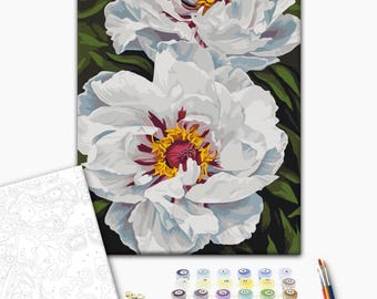 White Blossom Paint by Number kit for Adults – DIY Floral Canvas Painting | Relaxing