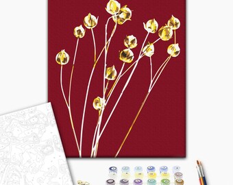 Minimalist Wildflower Paint by Number Kit – Burgundy Floral Wall Art with Metallic Gold Stems, Botanical Canvas for Adults