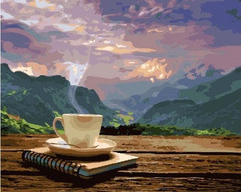 Pintura por número CON MARCO café de la mañana, kit de pintura por números Montañas para adultos, Kit para colorear