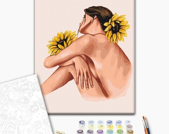 Nude Female Figure Paint by Number Kit – Sunflower Woman Canvas Art, Soft Pastel Wall Decor for Adults