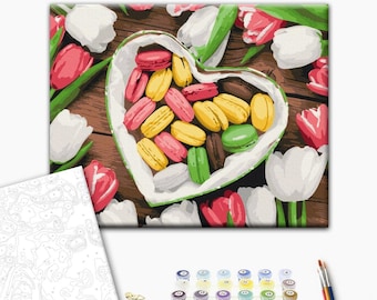 Paint by Numbers Kit with Frame – Flowers & Colorful Macarons – Romantic Dessert Painting for Couples Gift – Wall Art DIY Set