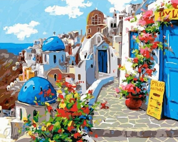 Paint by Numbers Santorini WITH FRAME, Painting by Number City Kit for  Adult on Canvas, Coloring Kit Cityscape 