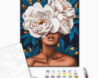 Paint by Number Kit Woman Peonies Head| Moody Floral Art, Relaxing Painting