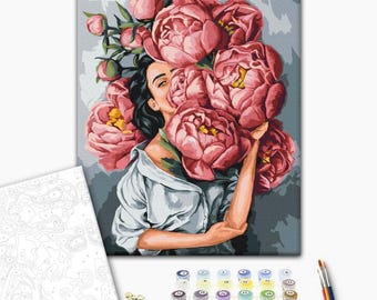 Peony Woman Paint by Number Kit, Framed DIY Canvas Art for Adults, Flower Portrait Painting Set, Wall Art Gift