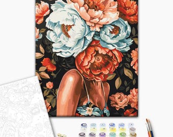 Paint by Number Kit Woman with Peonies Crown | Romantic Moody Floral Art | Relaxing Painting for Adults