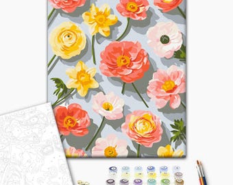 Warm Floral Paint by Numbers Kit for Adults, Red & Yellow Flowers, Framed Canvas DIY Painting, Botanical Wall Art