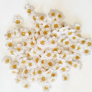 May include: A collection of handmade crochet flowers. Each flower features white petals surrounding a golden-yellow center. The flowers are scattered across a white surface, creating a delicate and artistic display. Ideal for crafting or decorative purposes.