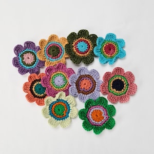 May include: Ten colourful, crocheted flower appliques. Each flower has a unique colour combination, including blue, green, orange, pink, and purple. The flowers are arranged on a white background, showcasing their intricate petal and centre designs.