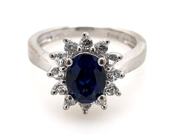 Sterling Silver Halo Ring with Oval Imitation Sapphire