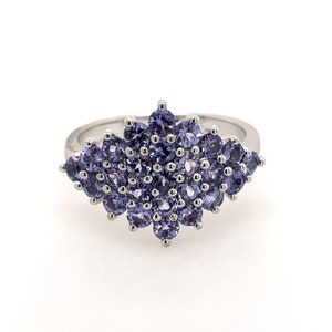 Op de afbeelding: Een zilveren ring met een cluster van kleine, paarse edelstenen in een bloemvormig ontwerp.