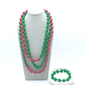 Red x Green x Lime Elegant Long Silk Necklace for Women, Unique Style Silk Bead Statement Piece, Graceful Style, Mulberry Wood-wrapped Silk