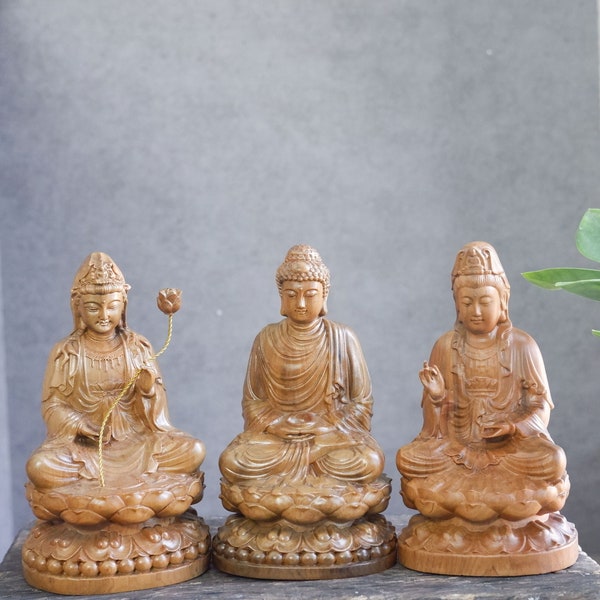 Three Saints of the Western Pure Land, Real Wooden Buddha Statue, Mahasthamaprapta Bodhisattvas for Home Decor, Guan Yin, Amitabha