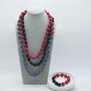 Grey x Black x Red Elegant Long Silk Necklace for Women, Unique Style Silk Bead Statement Piece, Mulberry Wood-wrapped Silk, Gracful Style