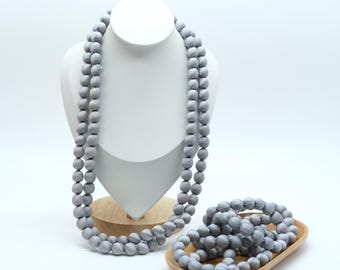 Grey Handmade Elegant Long Silk Beaded Necklace, Graceful, Retro Silk Bead Statement Piece, Colorful & Lightweight Fashion Jewelry for Women