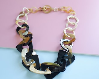 Long and Large Chunky Rough Link Chain Buffalo Horn Necklace, Natural Color Buffalo Horn Necklace, Geometric Necklace, Boho Jewelry - NE144