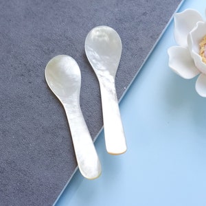 Può includere: Due cucchiaini bianchi di madreperla su una superficie grigia e blu. I cucchiaini sono piccoli e hanno una forma arrotondata.