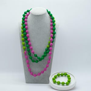 Lime x Green x Pink Elegant Long Silk Necklace for Women, Mulberry Wood-wrapped Silk, Elegant Style, Unique Style Silk Bead Statement Piece